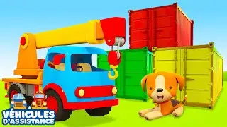 Dessin anim&eacute; pour enfant. Les V&eacute;hicules d'assistance en fran&ccedil;ais. Le d&eacute;chargement des conteneurs