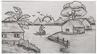 সূর্যোদয়ের দৃশ্য অংকন || Draw Village Sunrise Scenery With Pencil Sketch.