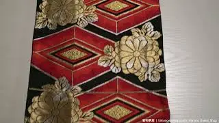 Red Gold Black Fukuro Obi - Traditional Japanese Belt - Diamonds Chrysanthemums - High Quality Silk
