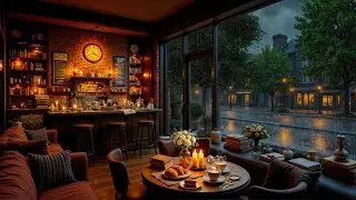 Relaxing Jazz Music in Cozy Library Coffee Shop 🌧️ Gentle Jazz Piano & Rain Sounds for Work, Study