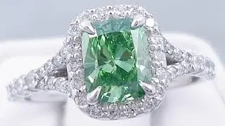 1.52 ctw Cushion Cut Vivid Green Diamond Engagement Ring - BigDiamondsUSA