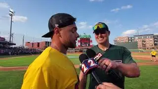 Trey Hendrickson asks Joe Bachie about his HR Derby win over him in Logan Wilson charity event