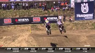 Valentin Guillod passes Benoit Paturel and Pauls Jonass MXGP of Czech Republic 2015 - motocross