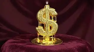 💲 An ornate candle shaped like a dollar sign ($) slowly melting gold wax - Link in bio! #adobestock
