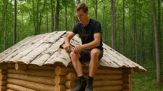 Alone Building a Log Cabin with Birch Bark Roof in the Wilderness