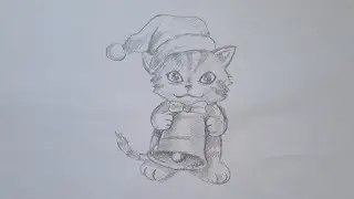 Cómo dibujar un gato con una campana navideña - dibos pado a paso