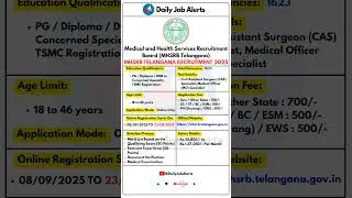 MHSRB Telangana Recruitment 2025 | New Vacancy 2025 | Daily Job Alerts #shorts