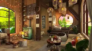 Warm Spring Air | Cozy Cafe Space - Nature Sound With Relaxing Birds Singing, Fireplace