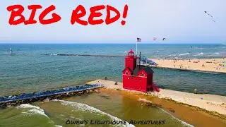 Big Red Lighthouse in Holland -  Holland Harbor Lighthouse - Awesome Drone 4k video!