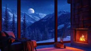 Snowy Mountain Cabin at Night  Crackling Fireplace + Falling Snow