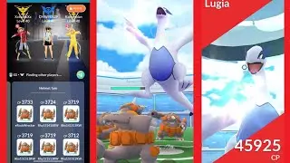 Rock Wrecker Rhyperior vs Lugia trio in partly cloudy