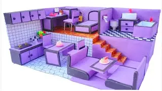DIY Miniature Cardboard House | Purple Bedroom Kitchen and Bathroom | DIY Satisfying Miniature