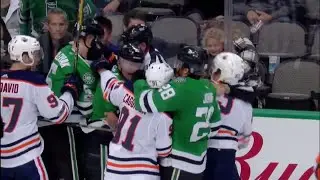 Rousell appears to kick Klefbom with skate, scrum starts between Oilers and Stars