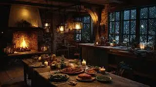Warm Winter Kitchen Comfort ❄️🔥 Crackling Fireplace, Cooking Sounds & Snowstorm Outside