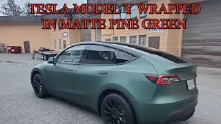 Tesla Model Y wrapped in Matte Pine Green