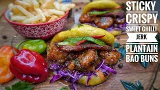 STICKY CRISPY SWEET CHILLI JERK PRAWN PLANTAIN BAO BUNS 