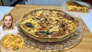 Quiche Recheado com bacon, queijo, espinafre e cogumelos