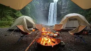 Ultimate Waterfall Camping Setup  Cooking Over Campfire in Nature
