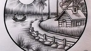 Beautiful morning winter village drawing pencil sketching art