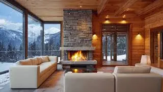 8K COZY FIREPLACE Ambience | Jazz Music (ASMR) - Modern Alpine Cabin, Snowy Window View.