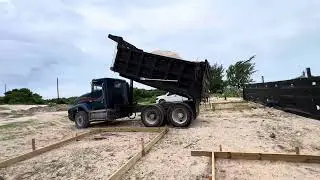 International dump truck dumping quarry