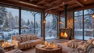 Cozy Winter Jazz by the Fireplace ❄️ Snowy Cabin View, Warm Ambience & Relaxing Music