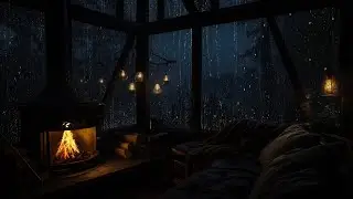 Rainy Cabin Night with Fireplace Sounds | Relax, Sleep, Study Ambient