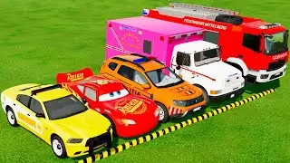 TRANSPORTING DACIA, MCQUEEN CAR, FORD POLICE CAR, AMBULANCE EMERGENCY WITH MAN TRUCKS | FS22 #5