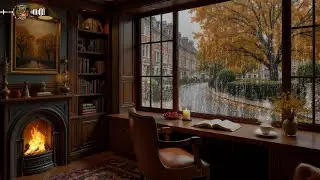 🔥 Fireplace & Autumn Rain Jazz ☕ Soft Piano Cafe for Warm Nights and Deep Focus