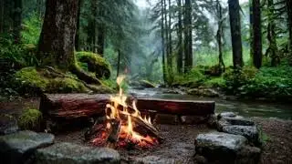 A campfire in the forest by the river. Relaxing sounds of nature for sleep and relaxation.