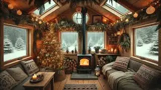 Cozy Tiny Home in the Woods Decorated for Christmas | Snowy Forest Ambience with Fireplace & ASMR