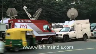 Outside broadcasting vans parked outside Safdarjung hospital