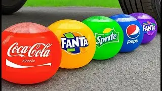 ASMR Crushing Rainbow Coca-Cola Fanta Sprite Pepsi Balls Under Car Tire with Satisfying Real Sounds