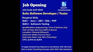 Java / Python / SQL / Software Testing Jobs in Chennai | Placements | Freshers