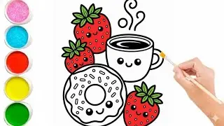 How to Draw Cute Donut, Coffee & Strawberry | Easy Coloring for Kids 🎨|Step By Step Drawing For kids