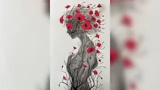 Ethereal Female Figure with Poppy Flowers: Charcoal Silhouette Drawing