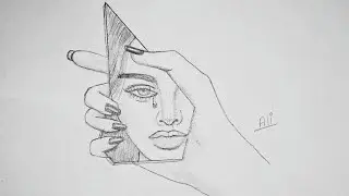 How to Draw a Sad Girl's face reflected on a Broken Mirror || step by step | A broken mirror in Hand