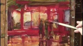 Sylvia Trybek paints figures in cityscape/landscape