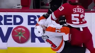 Moritz Seider throws a big hit on Max Willman