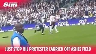 Cricketer carries Just Stop Oil protester off the field at Lord's Ashes test