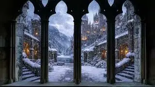 Harry Potter Winter Window View - Hogwarts Snow Ambience for Sleep, Sound of Snow, Wind, FIREPLACE