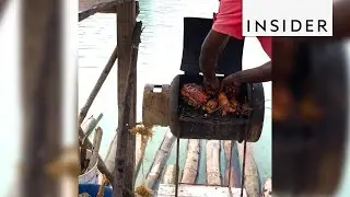 A raft near Jamaica is actually a floating seafood restaurant