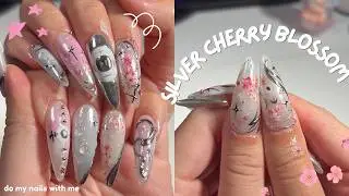 do my nails with me ⋆.ೃ࿔🌸*:･cherry blossom + chrome, asmr, no talking, recreating ai nails
