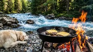 cooking burgers by the river while animals watch 🐕🐐🌊🔥