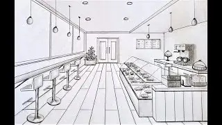How to draw a coffee shop in one point perspective, fast