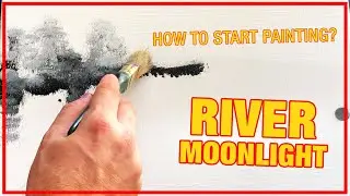 River Moonlight Landscape Painting Demo / Day 009 / For Beginners / Daily Art Therapy