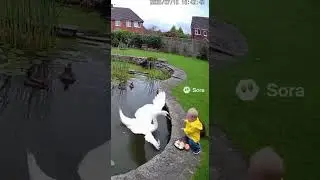 Brave Cat Heroically Saves Child from Swan Attack | Real CCTV Footage #HeroCat #AI #Bravery #cctv