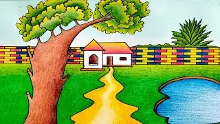 Amazing Scenery Drawing with Wall | Step by Step Village Drawing | Beautiful House Drawing 