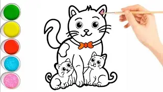 🐱 SUPER EASY Cat Family Drawing with 2 Kittens | Step by Step Coloring for Kids