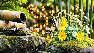 #Soothing Bamboo Fountain with Flowers in a Tranquil Forest Setting